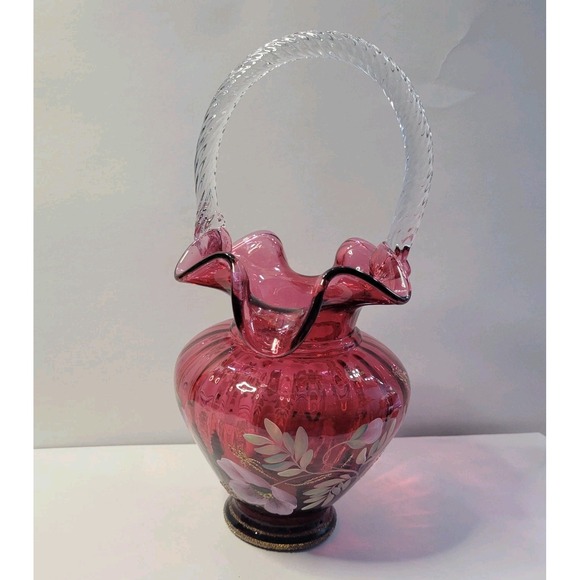 BILL FENTON LEGACY COLLECTION 95TH YEAR HAND PAINTED SIGNED CRANBERRY BASKET - Picture 2 of 12